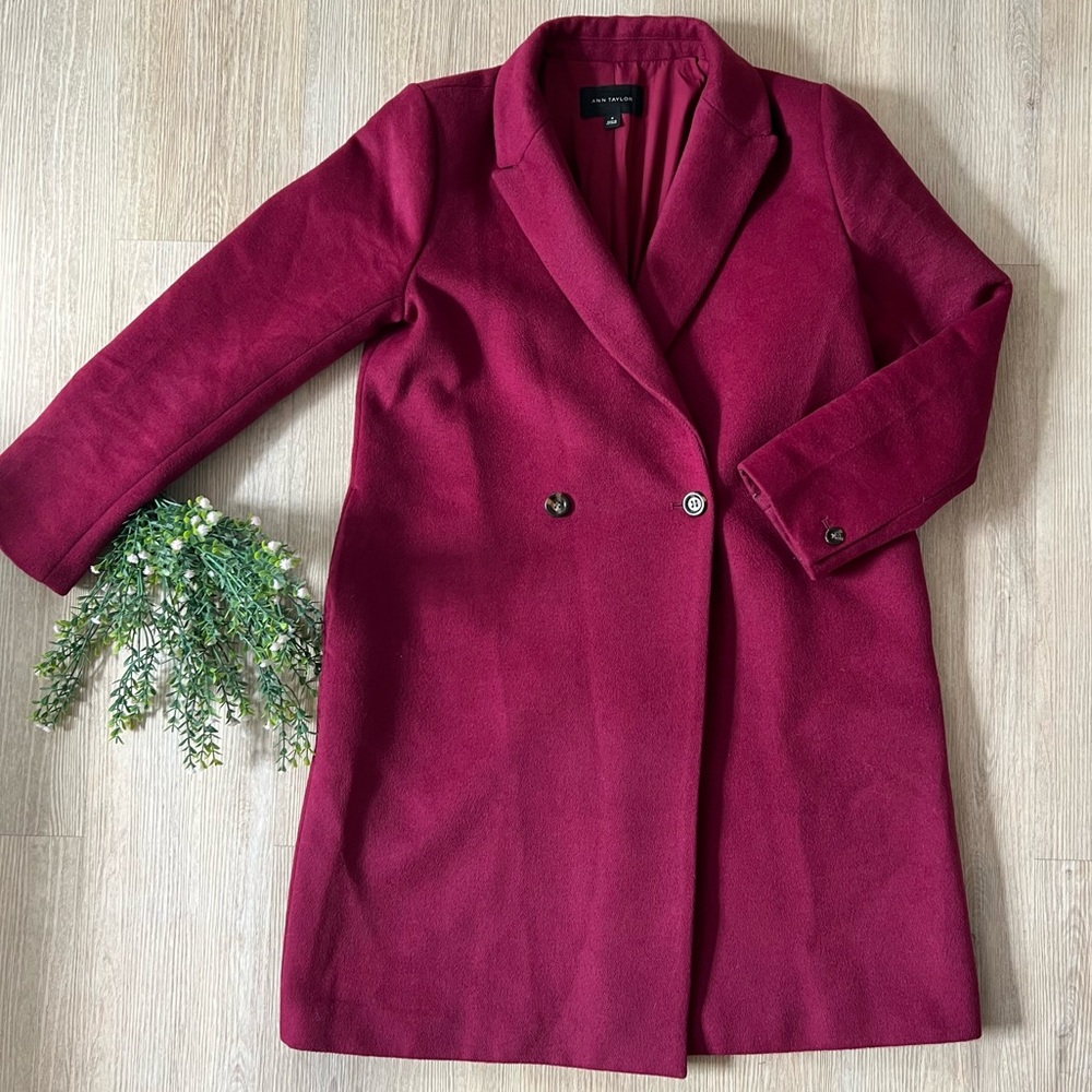 Ann Taylor Wool Blend Raspberry Fuschia Casual Long Length Pea Coat
